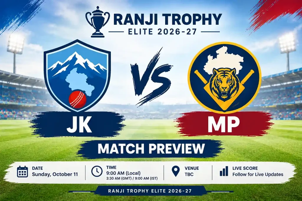 JK vs MP Match Preview, Date, Time, Venue and Live Score – Ranji Trophy Elite 2026-27 cricket match poster | SportReport.in