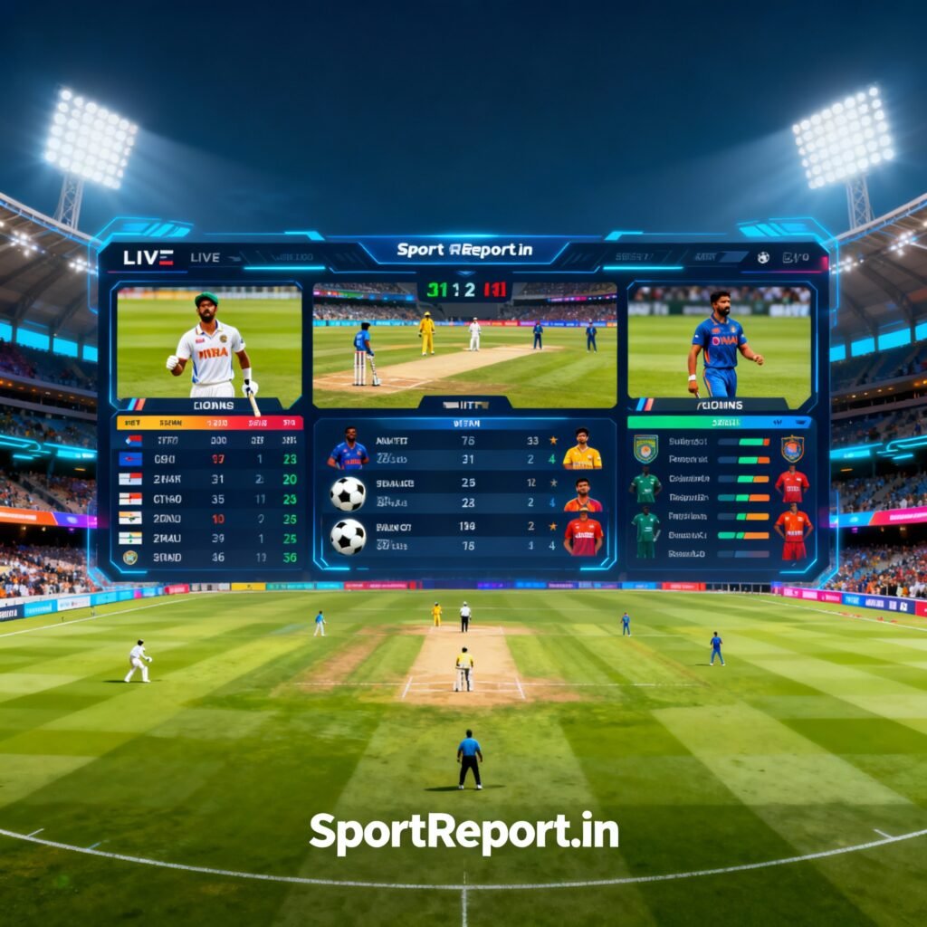Live match detail showing cricket and football scores, team line-ups, and player stats on SportReport dashboard