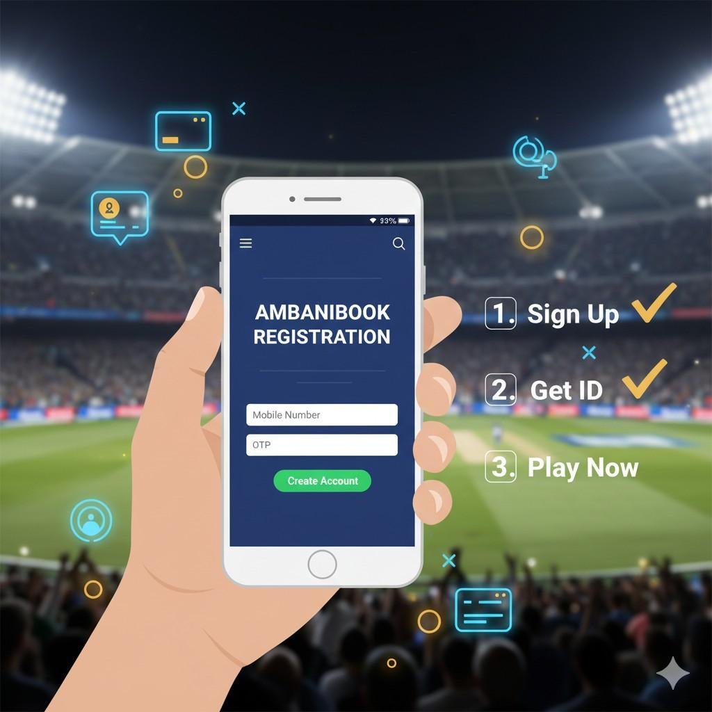 User signing up for AmbaniBook on a mobile phone with a cricket stadium background, showing a modern interface for Ambani Book ID registration during an IPL match