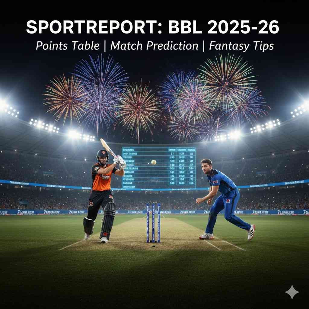 Sportsreport BBL 2025-26 points table and match preview showing Big Bash League players in action under stadium lights