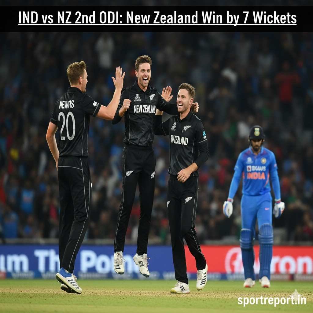 India vs New Zealand 2nd ODI match result banner showing New Zealand players celebrating a seven-wicket win with sportreport.in branding cricket ID