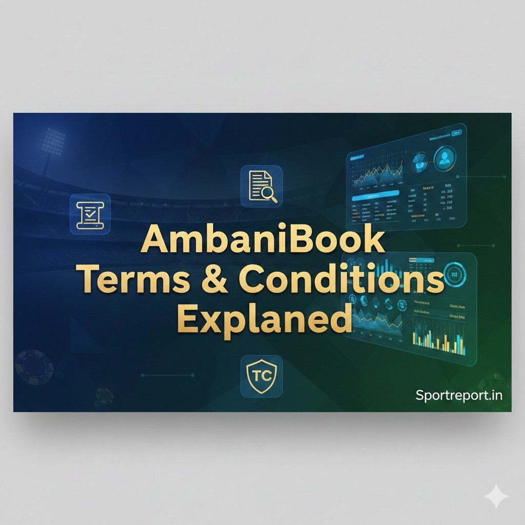 AmbaniBook Terms & Conditions Explained banner with cricket and online gaming visuals on Sportreport.in