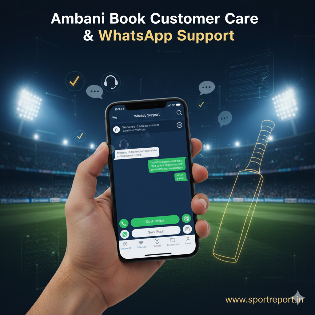 Ambani Book Customer Care & WhatsApp Support banner showing cricket betting assistance and support interface