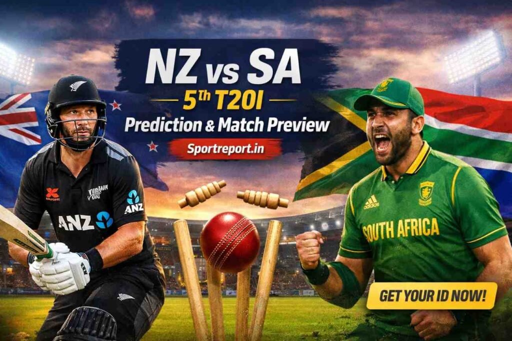 NZ vs SA Prediction 5th T20I banner featuring New Zealand vs South Africa players at Hagley Oval with match preview, Dream11 tips, and Sportreport.in title with Get Your ID Now call to action