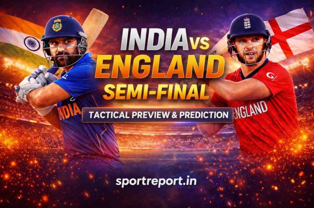 India vs England Semi-Final promotional banner featuring two cricketers in blue and red kits facing off in a vibrant stadium, bold title “India vs England Semi-Final – Tactical Preview & Prediction,” with sportreport.in displayed at the bottom.