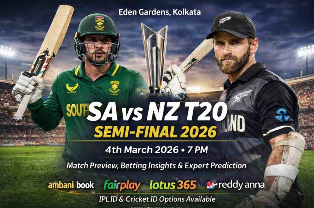 SA vs NZ T20 2026 match at Eden Gardens Kolkata on 4th March at 7 PM featuring South Africa and New Zealand players in promotional banner