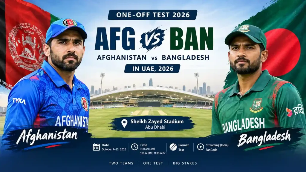 Current image: AFG vs BAN One-off Test 2026 match preview featuring Afghanistan vs Bangladesh at Sheikh Zayed Stadium in Abu Dhabi | SportReport