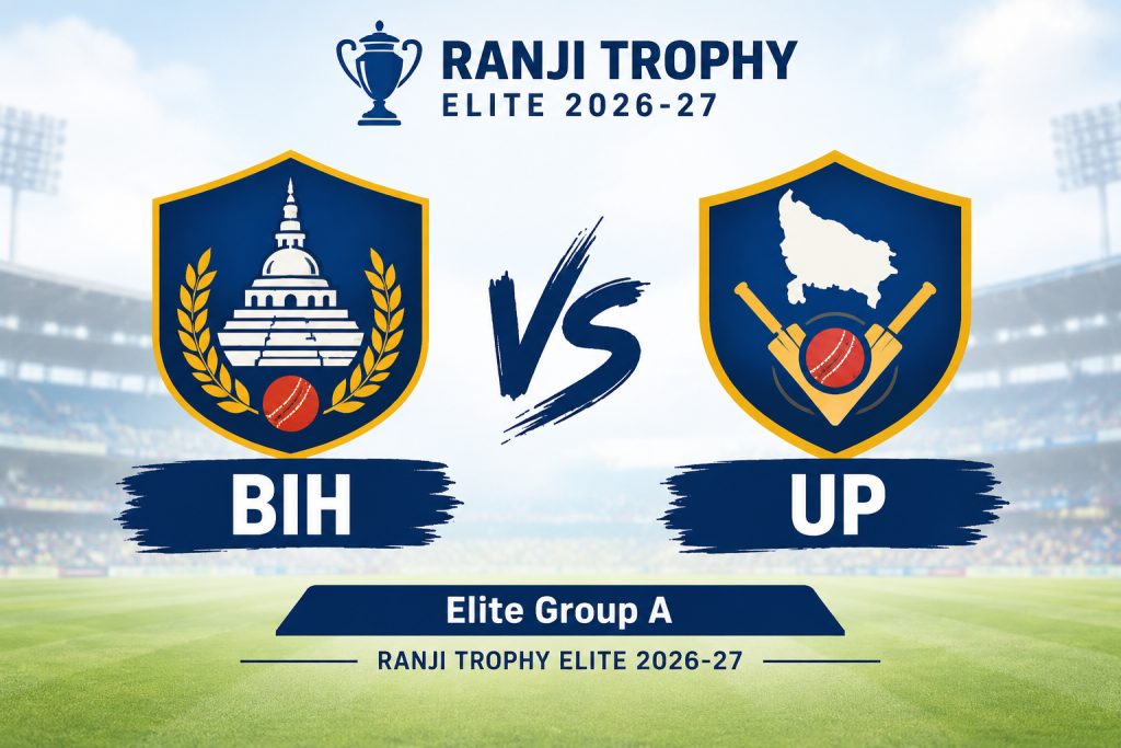 Current image: BIH vs UP Ranji Trophy Elite Group A 2026-27 match logo and cricket poster | SportReport.in