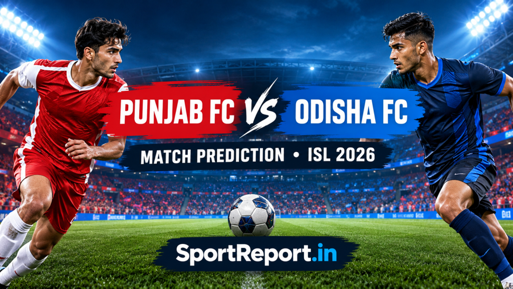 Punjab FC vs Odisha FC Match Prediction, ISL 2026 football poster featuring SportReport.in branding.