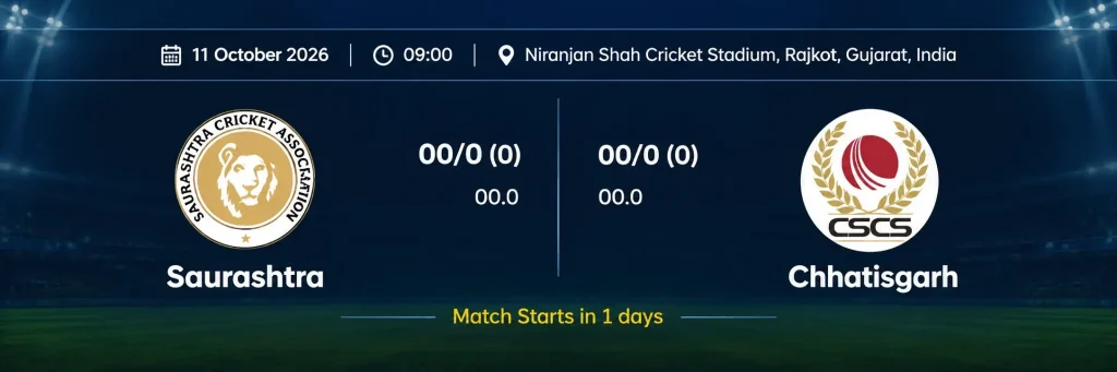 Current image: Saurashtra vs Chhattisgarh cricket match scorecard, match date, time and venue at Niranjan Shah Cricket Stadium, Rajkot | Ranji Trophy 2026-27 | SportReport.in
